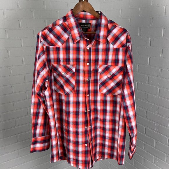 High Noon Shirt Mens XLarge Orange‎ Blue Plaid Pearl Snap Western Cowboy Cotton - Picture 1 of 9